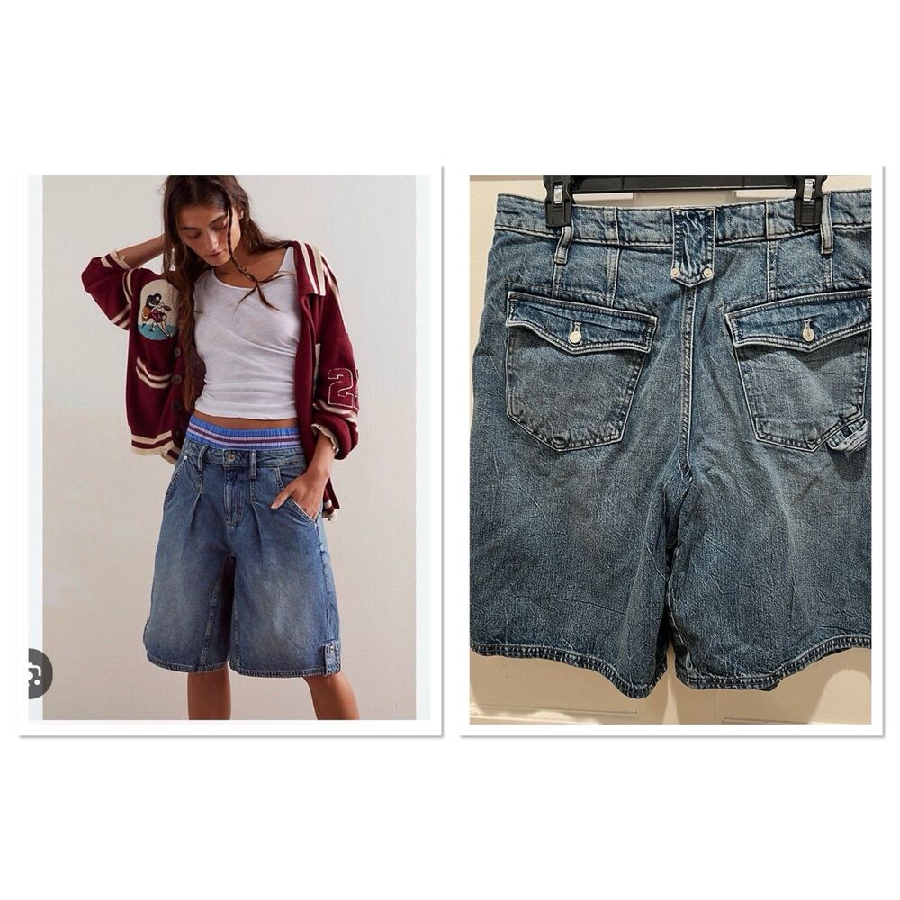 WE The Free Rue Denim Long Shorts Women's Size 29 Festival Jorts baggy